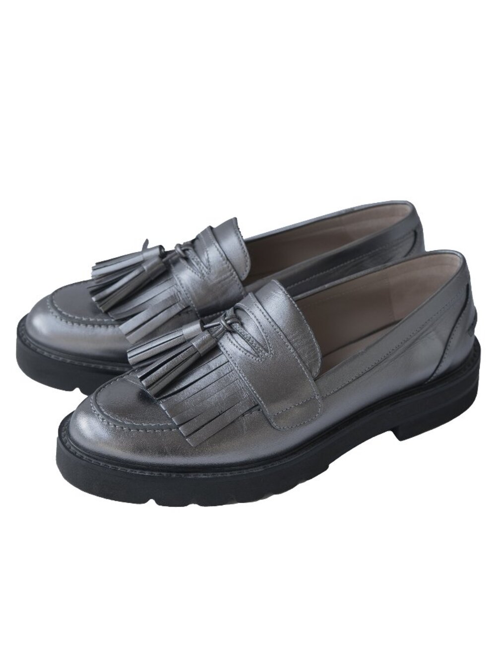STUART WEITZMAN Loafer Silver Mila Platform Creeper Kiltie Pewter Slip On Tassel
